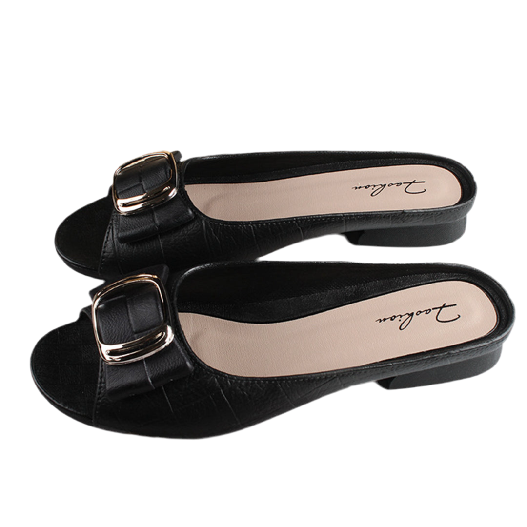 Women's Black Slide Sandals with Buckle – Casual Open Toe Flat Slip-On Shoes Sandals Heels VTH11