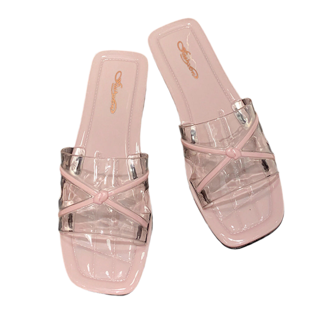 Women’s Clear Strap Flat Sandals – Transparent Slip-On Slides with Nude Sole-
 VJY2