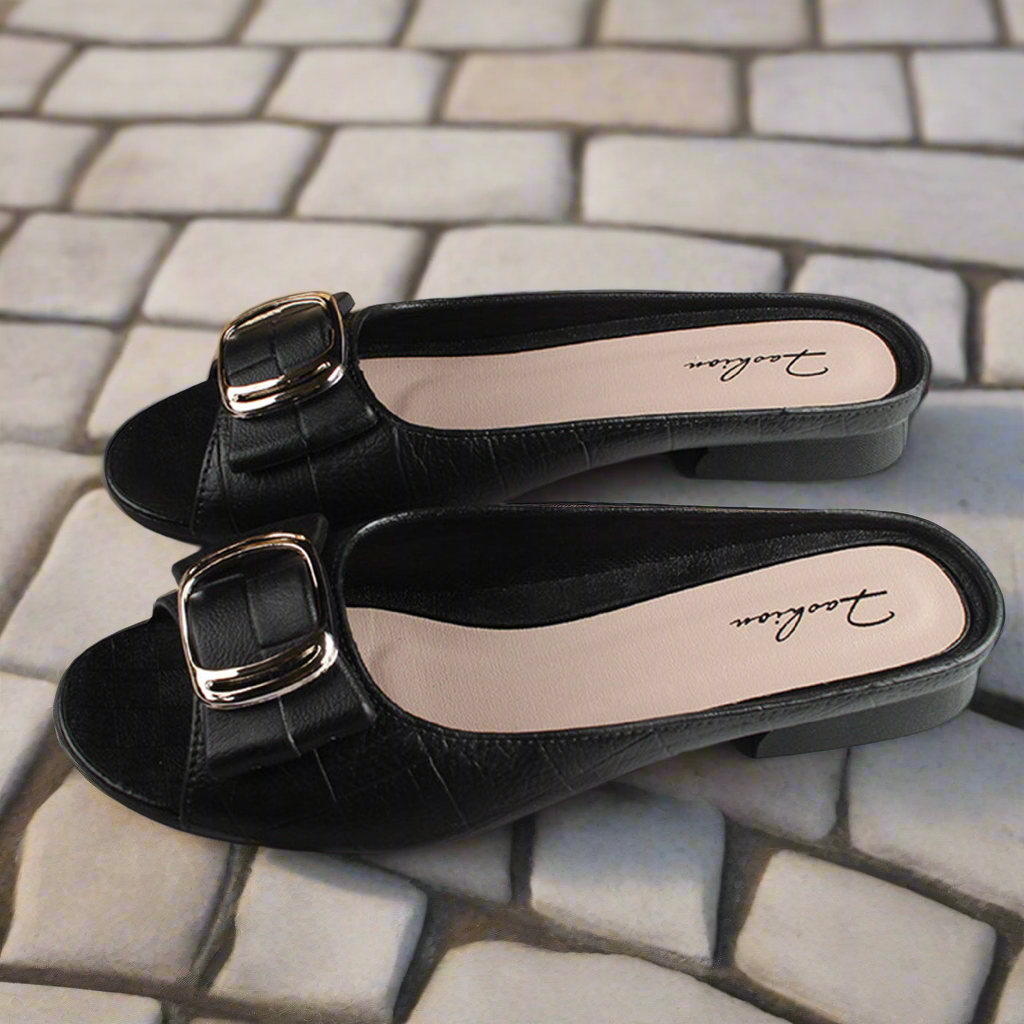 Women's Black Slide Sandals with Buckle – Casual Open Toe Flat Slip-On Shoes Sandals Heels VTH11