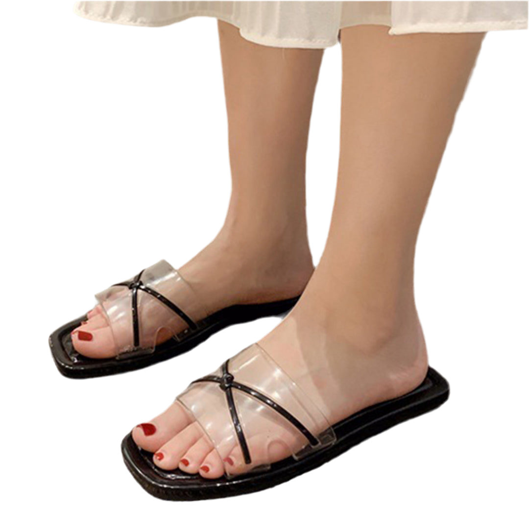 Women’s Clear Strap Flat Sandals – Transparent Slip-On Slides with Nude Sole-
 VJY2