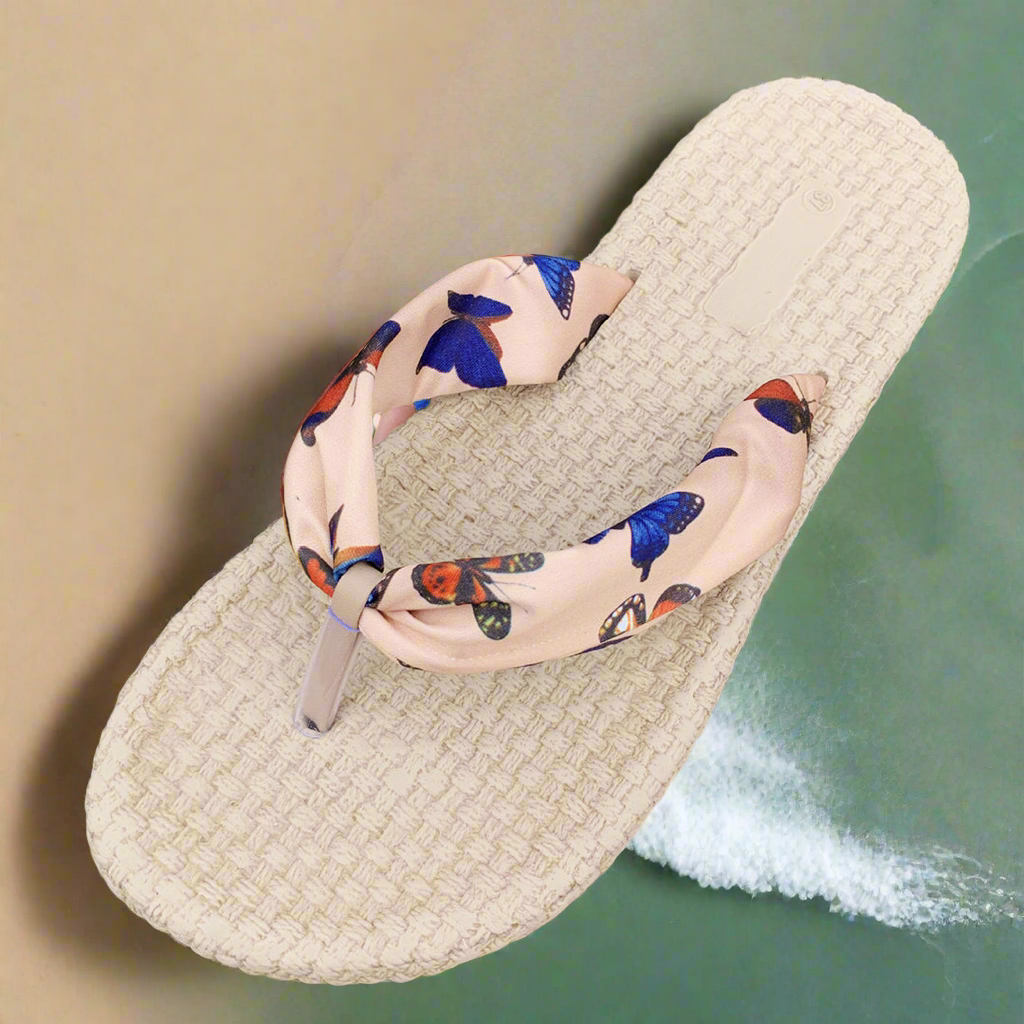 Women’s Summer Flip Flops – Beige Woven Sole with Cherry Print Straps | Casual Beach SandalVSH5