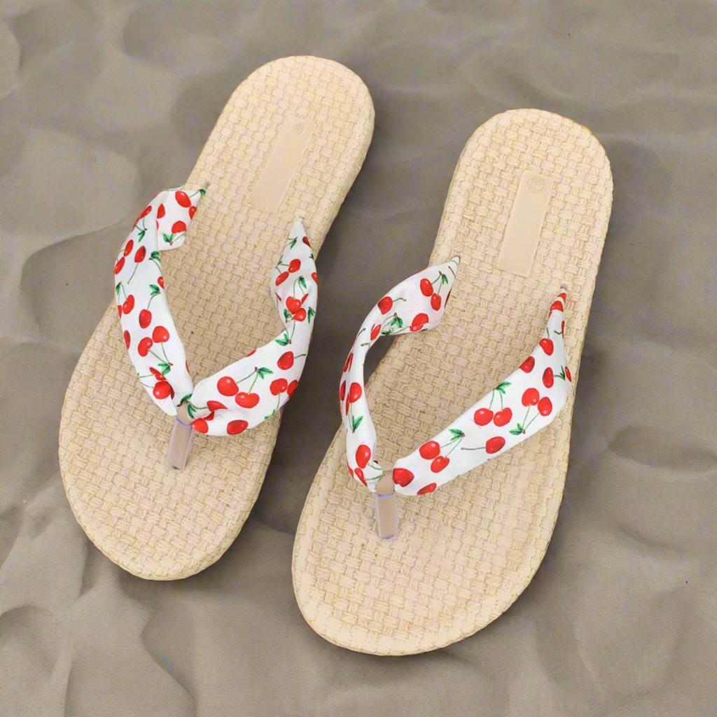 Women’s Summer Flip Flops – Beige Woven Sole with Cherry Print Straps | Casual Beach SandalVSH5