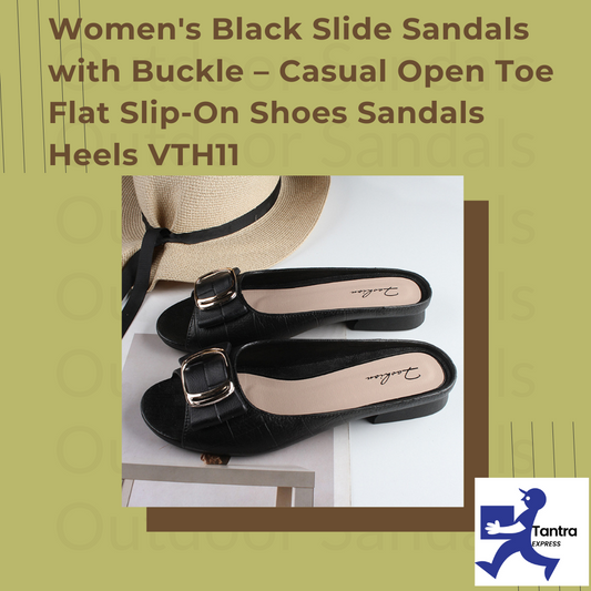 Women's Black Slide Sandals with Buckle – Casual Open Toe Flat Slip-On Shoes Sandals Heels VTH11
