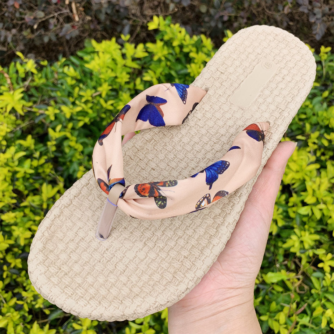 Women’s Summer Flip Flops – Beige Woven Sole with Cherry Print Straps | Casual Beach SandalVSH5