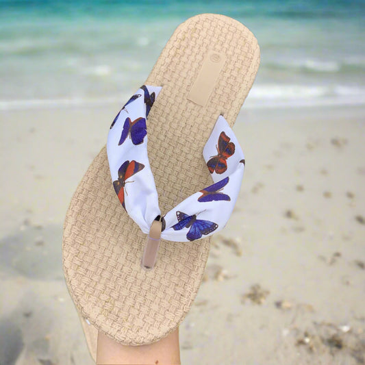 Women’s Summer Flip Flops – Beige Woven Sole with Cherry Print Straps | Casual Beach SandalVSH5