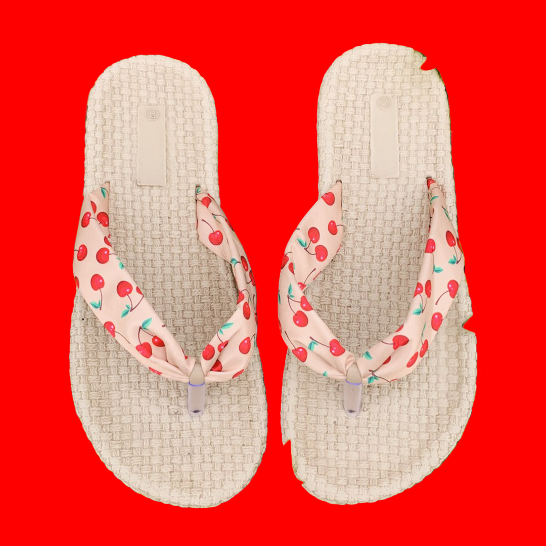 Women’s Summer Flip Flops – Beige Woven Sole with Cherry Print Straps | Casual Beach SandalVSH5