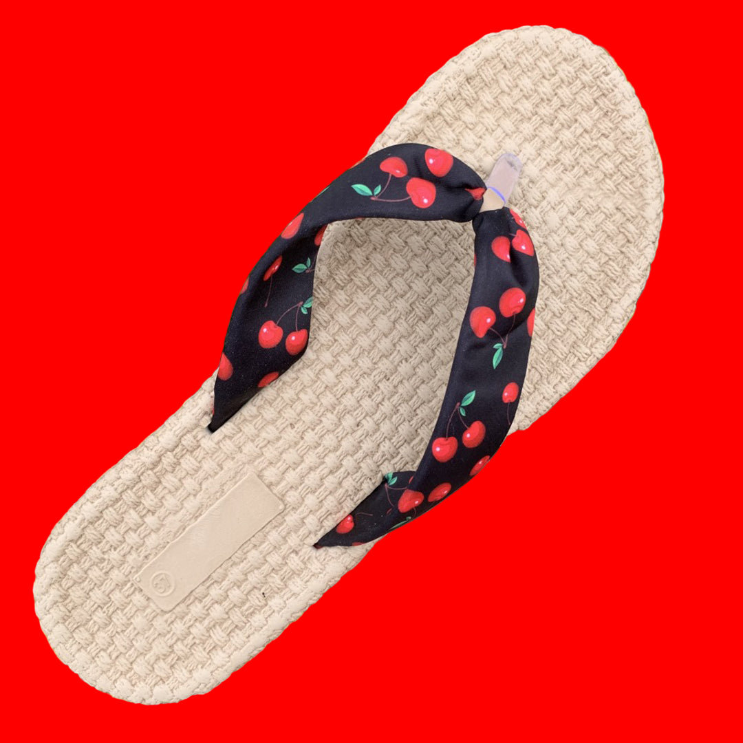 Women’s Summer Flip Flops – Beige Woven Sole with Cherry Print Straps | Casual Beach SandalVSH5