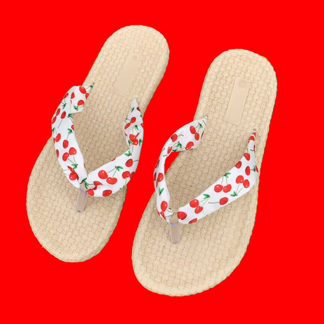 Women’s Summer Flip Flops – Beige Woven Sole with Cherry Print Straps | Casual Beach SandalVSH5